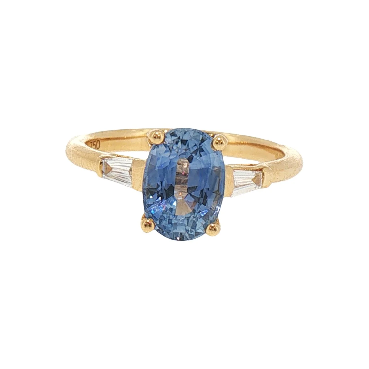 2.44ct Oval Blue Sapphire and Tapered Baguette Cut Diamond Ring in Yellow Gold
