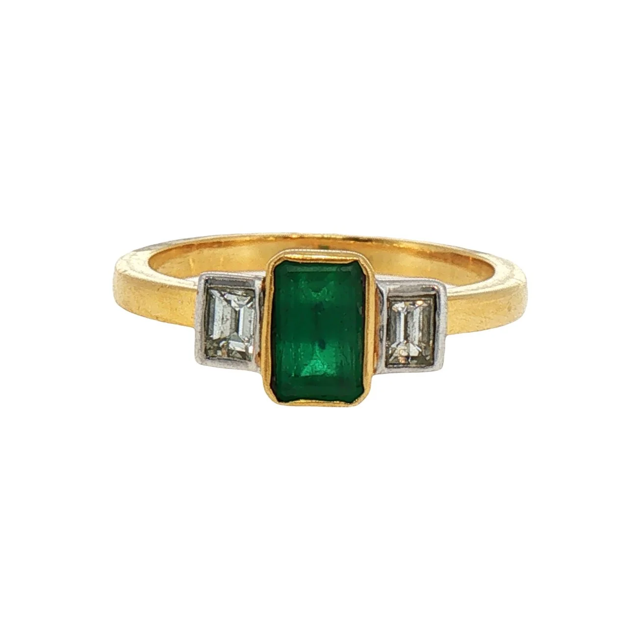 Vintage Emerald and Diamond Three Stone Ring in Yellow Gold and Platinum