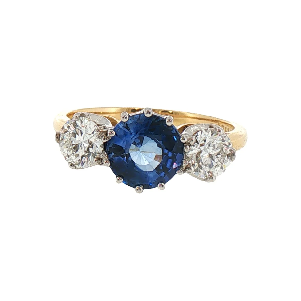 Vintage Blue Sapphire and GIA Certified Diamond Three Stone Ring