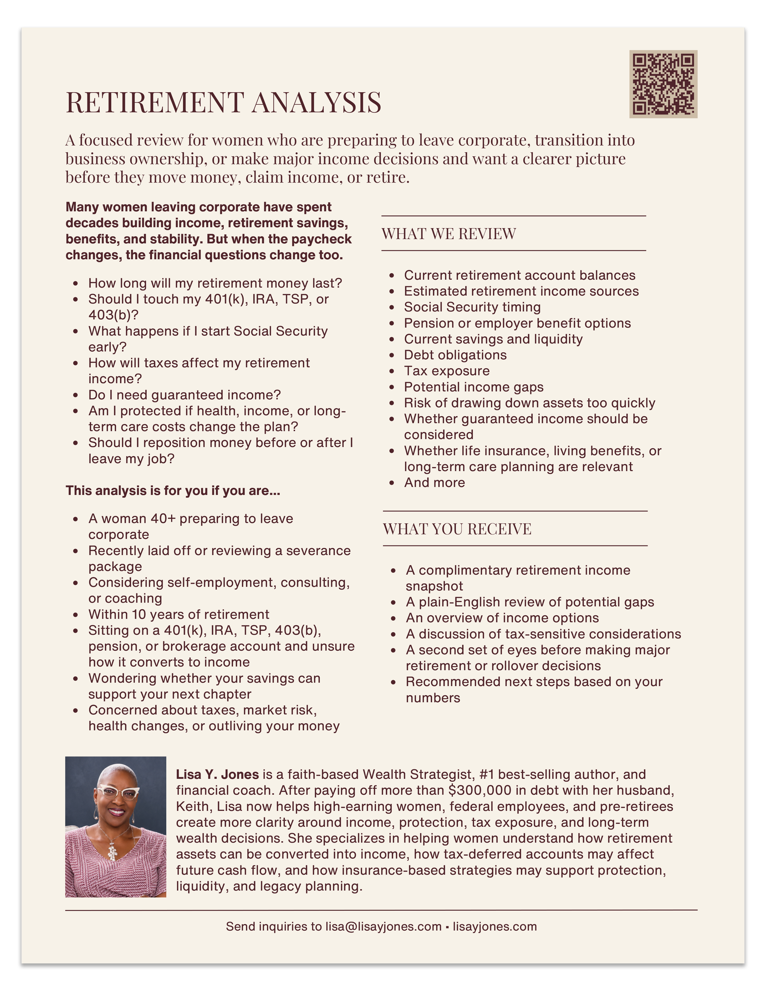 Pamphlet titled "Retirement Analysis" with information for women planning retirement, including topics such as retirement account balances, Social Security, pensions, savings, debt, taxes, income gaps, asset risks, and insurance options. Contains a photo of a woman with short hair and glasses.