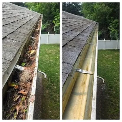 Comparison of a dirty and a cleaned gutter on a house roof, showing before and after cleaning.