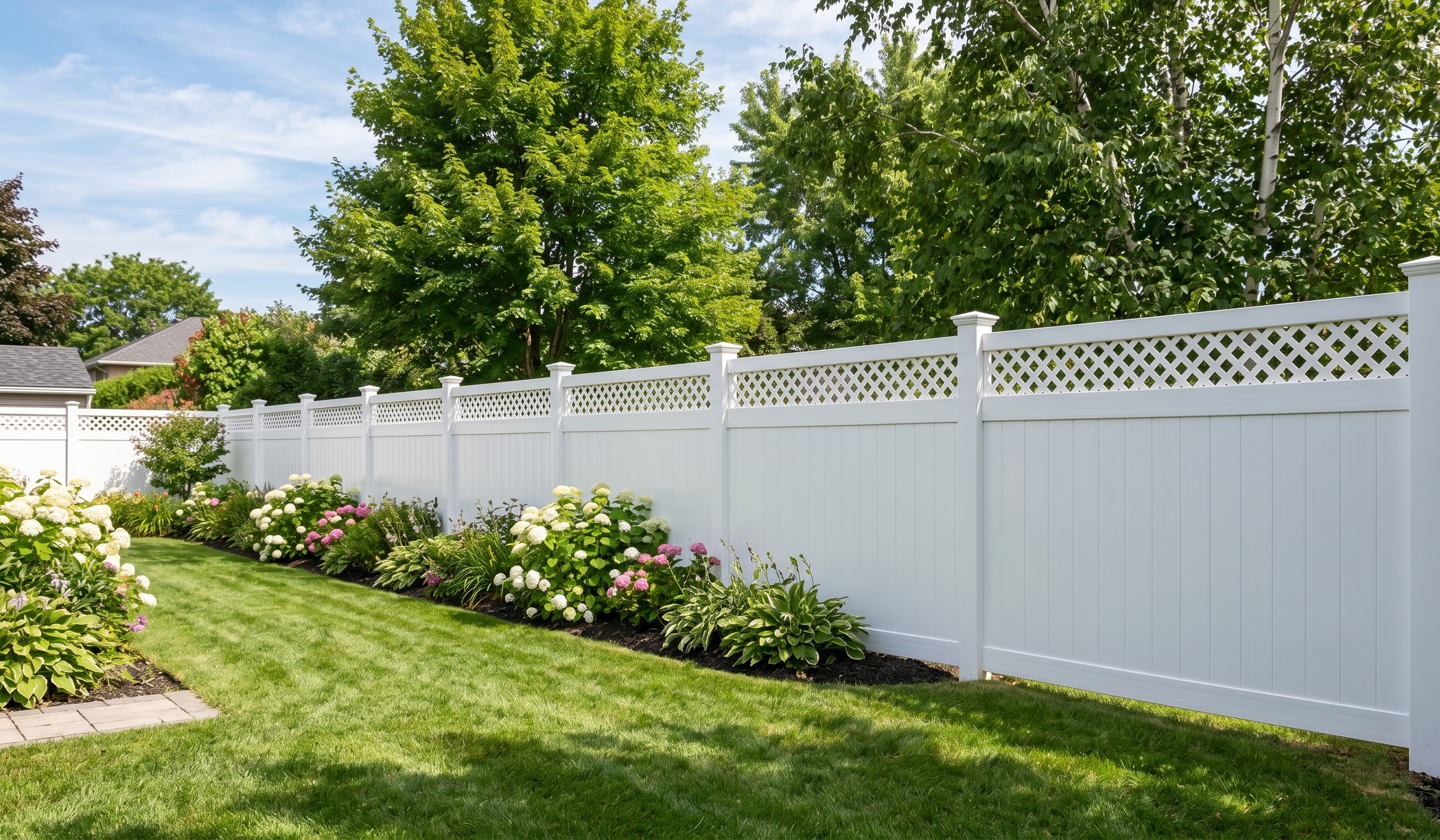A well-maintained backyard with a white privacy fence, lush green grass, and flowering plants along the fence line, with large trees in the background under a partly cloudy sky.