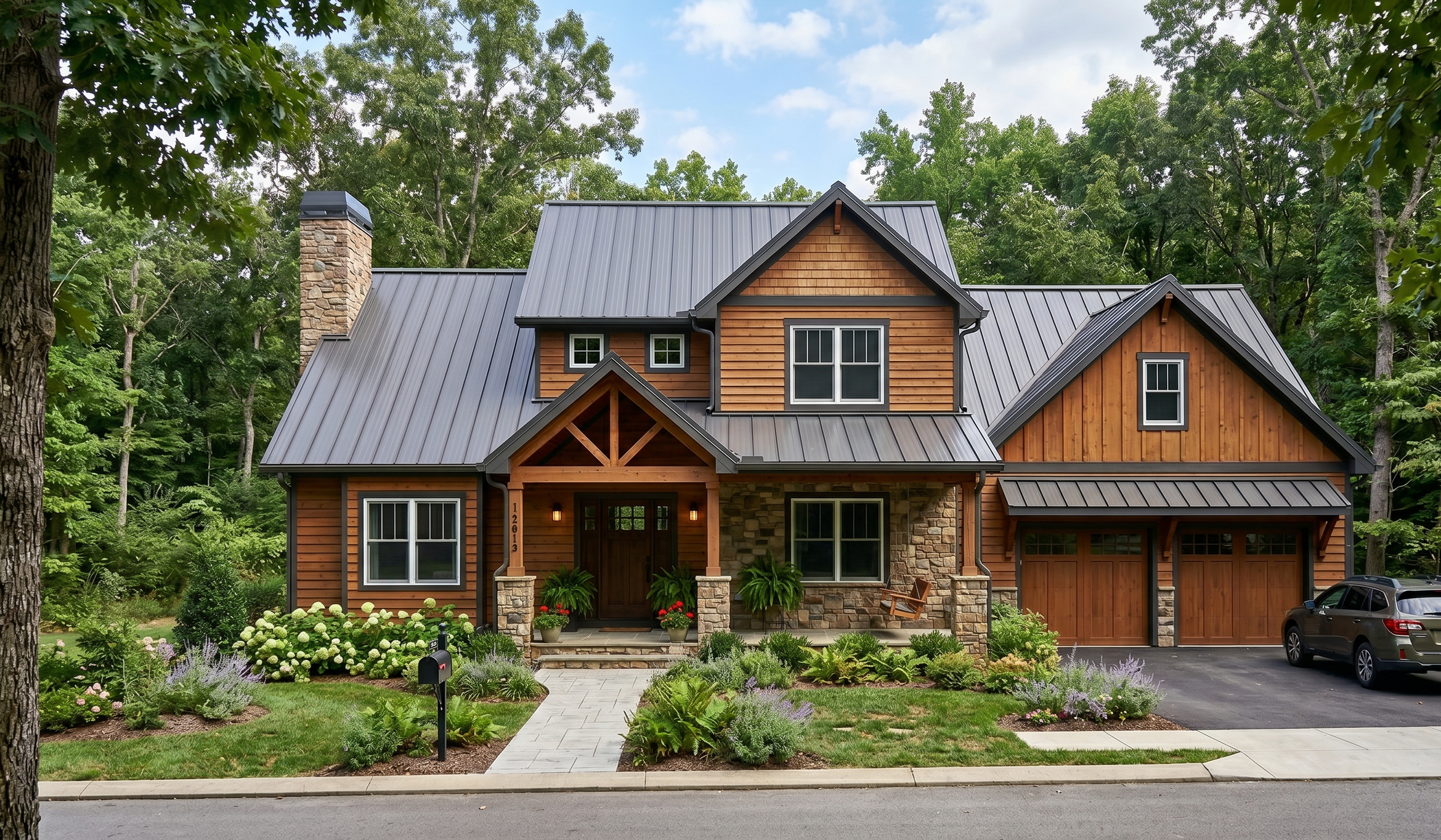 A large, modern house with a metal roof, stone and wooden exterior, surrounded by a landscaped garden and trees in the background.