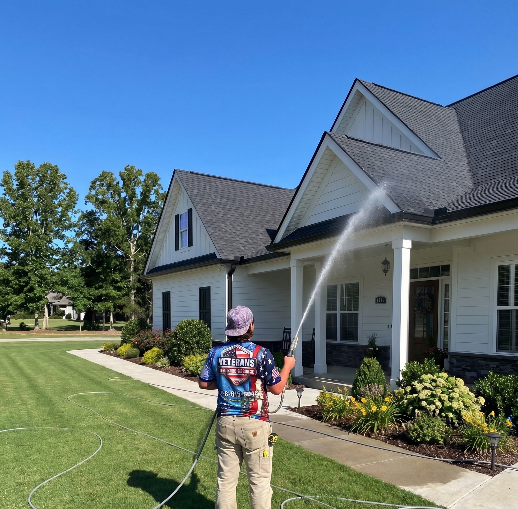 Person watering front yard of white house with garden on a sunny day