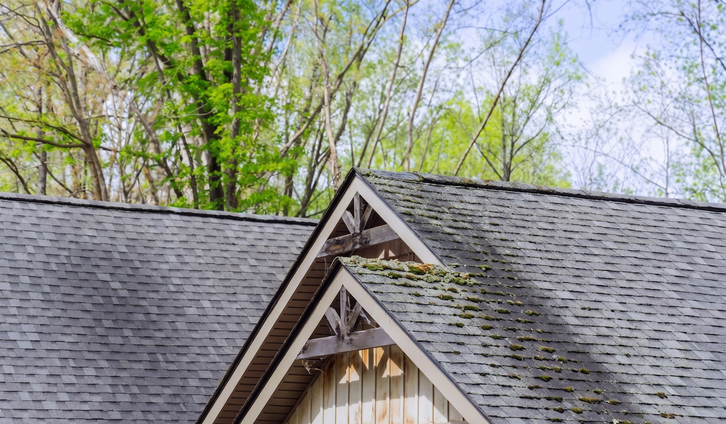 Close-up of a house roof with shingles, some covered in moss, and part of a wooden house structure with siding, with green trees and sky in the background.