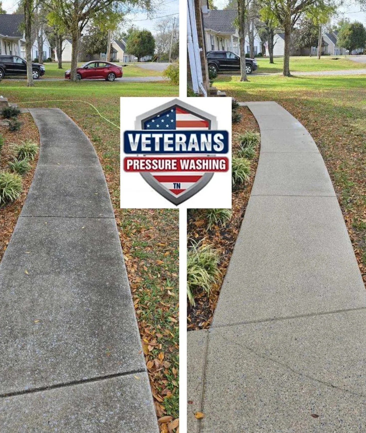 Comparison of two concrete sidewalk pathways, showcasing a before and after pressure washing treatment, with a veterans pressure washing service logo overlay.