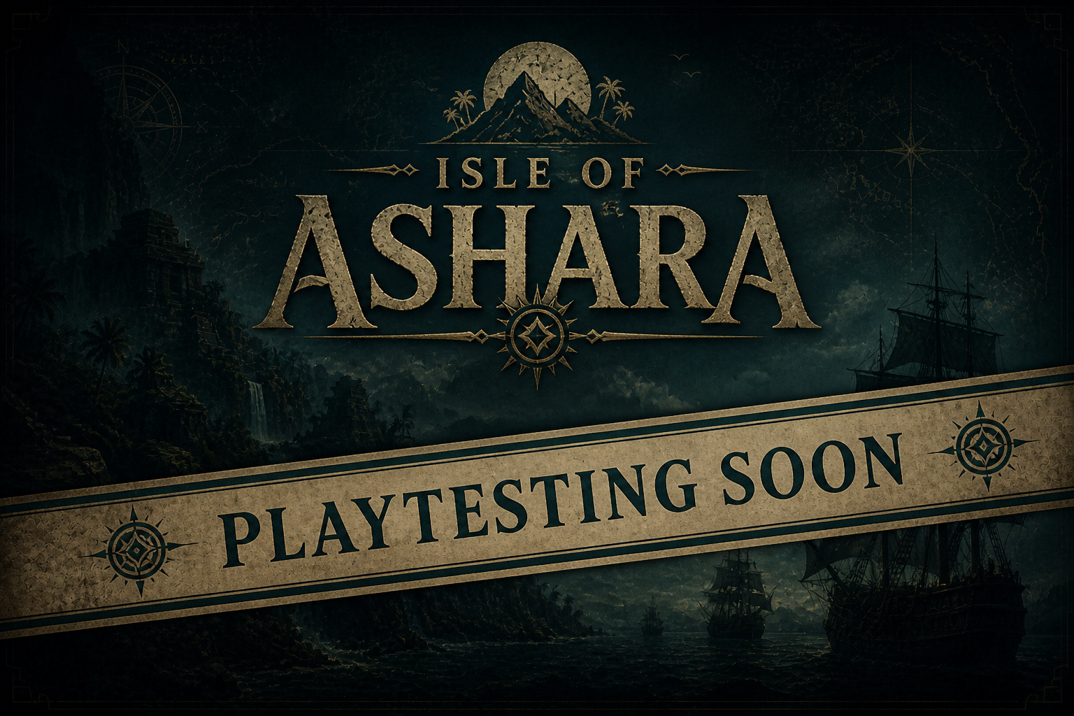 Dark fantasy-themed promotional image for the game 'Isle of Ashara', with the text 'Playtesting Soon'. The background depicts a mountainous island with a waterfall, palm trees, and sailing ships, under a moonlit sky with a large moon.