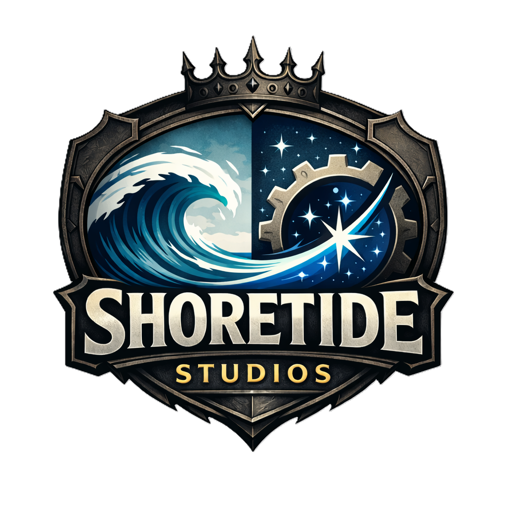Logo for ShoreTide Studios featuring a wave on the left and a starry night sky with a gear on the right, with the words 'SHORETIDE STUDIOS' below.