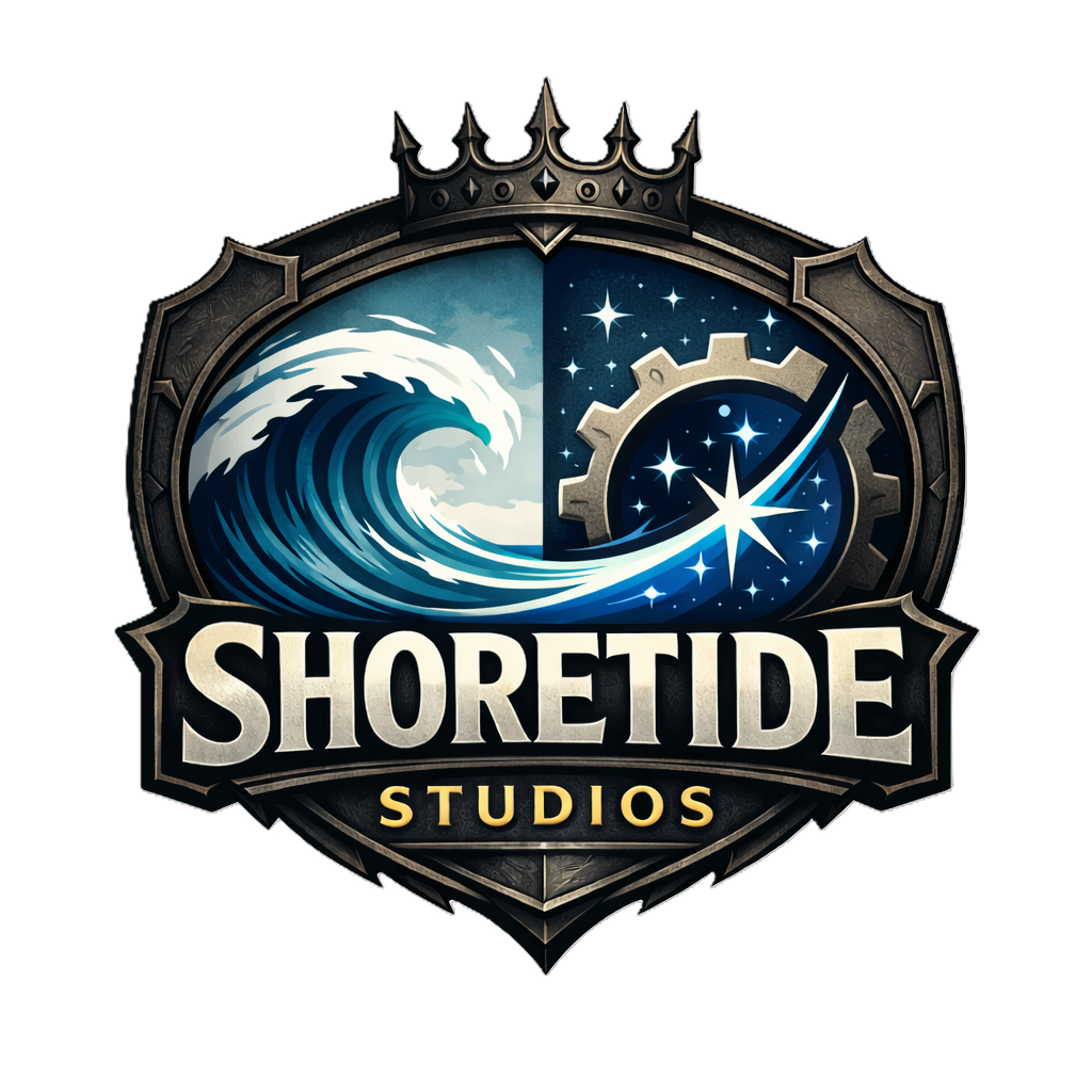 A fantasy-style logo for ShoreTide Studios featuring a wave on the left and a starry night sky with a gear and clock hands on the right. The name 'SHORETIDE STUDIOS' is below.