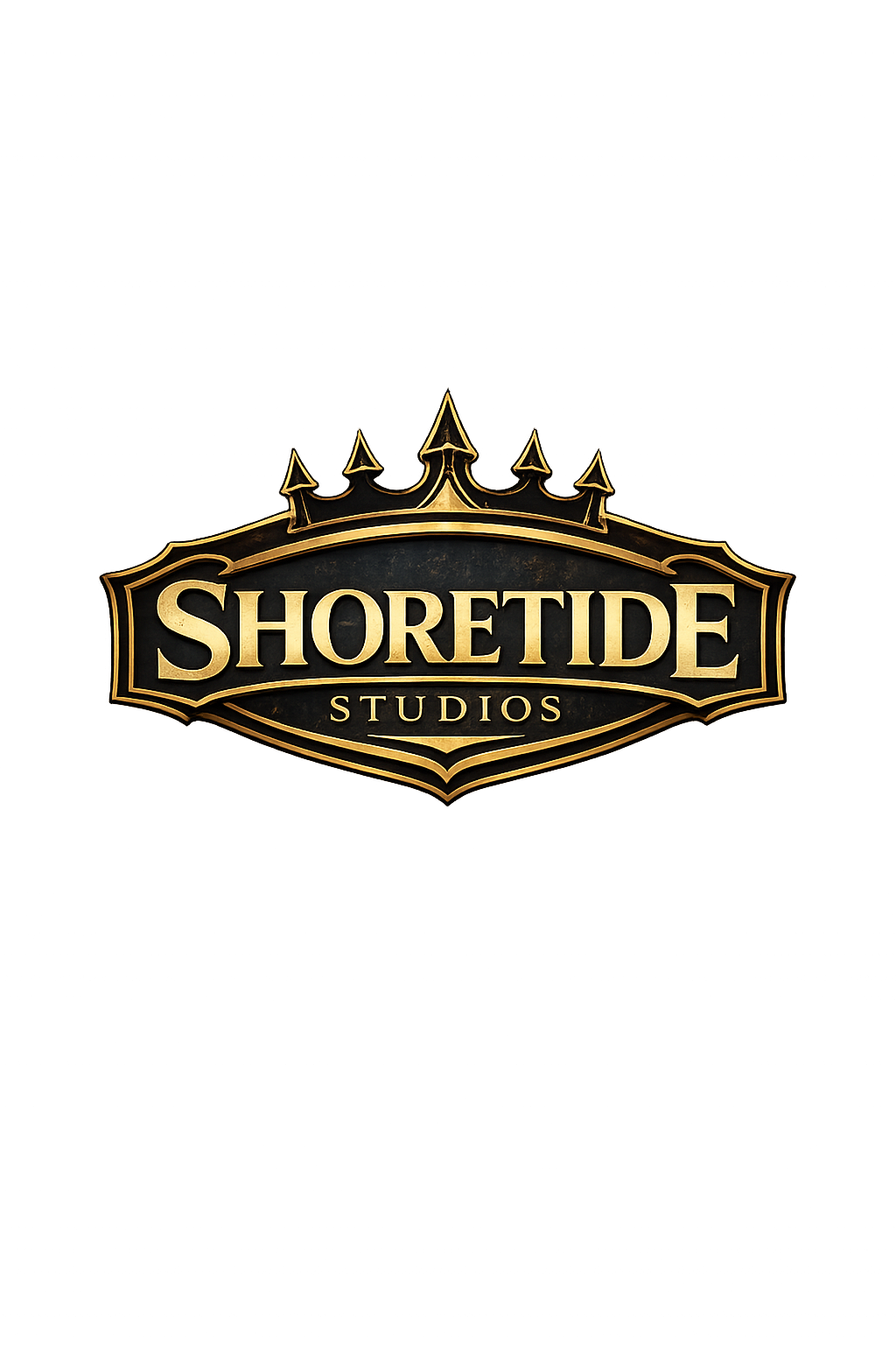 A logo for ShoreTide Studios featuring a gold crown above the studio name in gold letters on a dark background.
