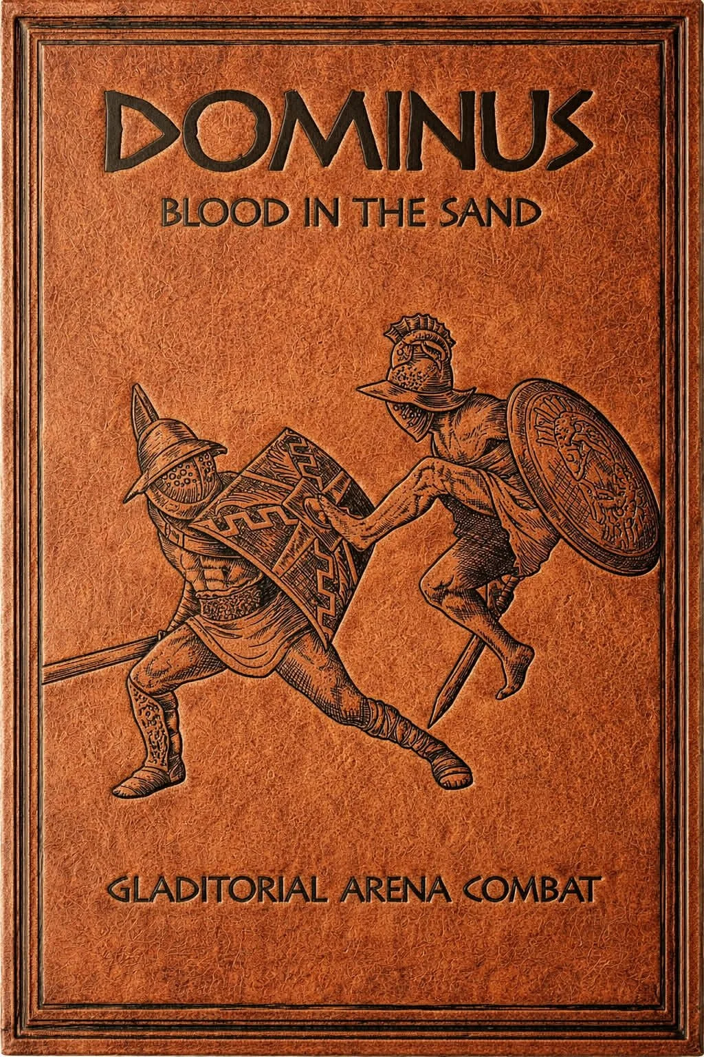 An illustration of two ancient Roman soldiers fighting with shields and swords, labeled 'Dominator: Blood in the Sand, Gladiatorial Arena Combat' on a brown textured background.