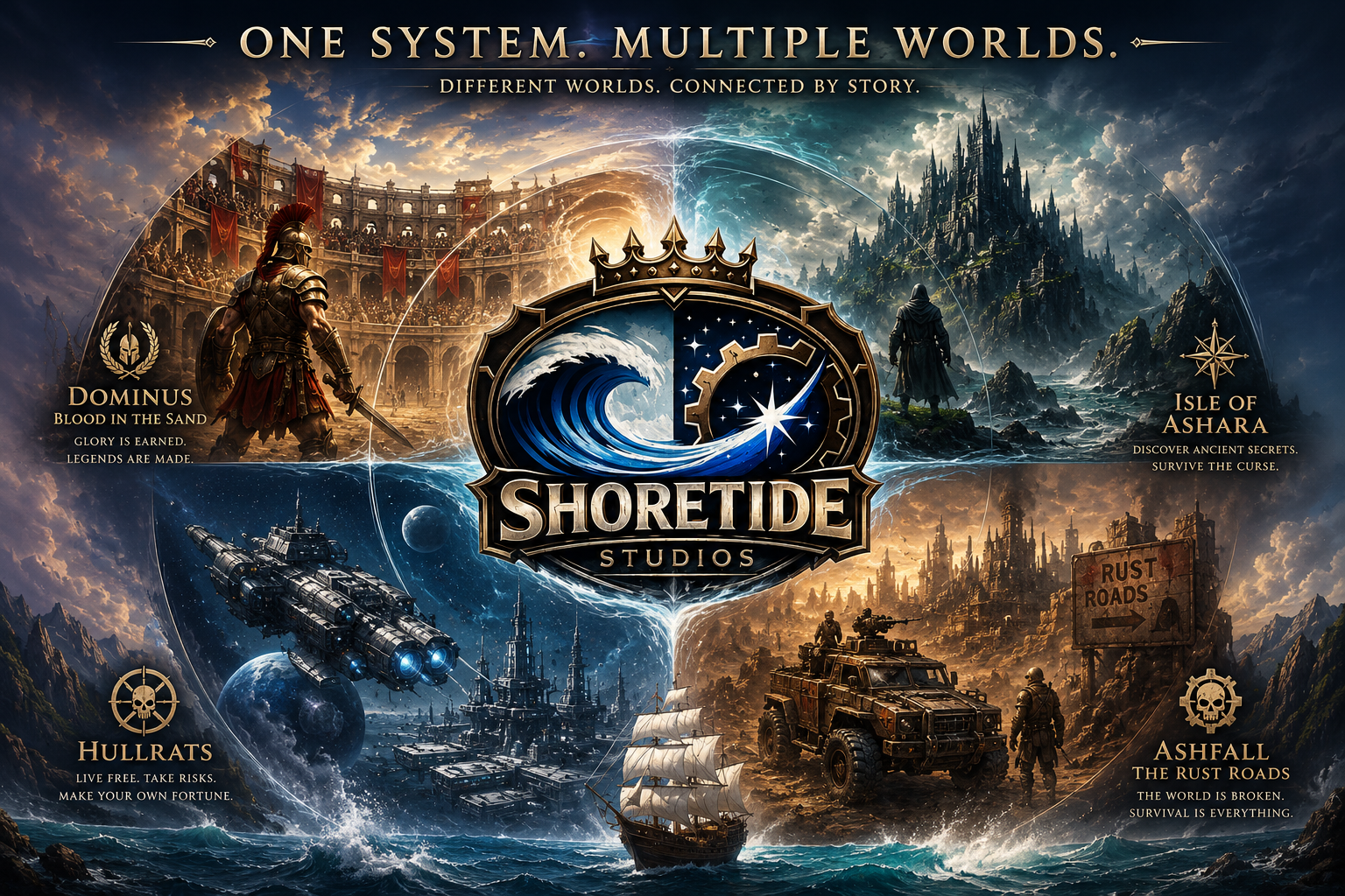 A promotional image for ShoreTide Studios showcasing four distinct worlds: Dominus, Isle of Ashara, Hullrats, and Ashfall. Each section features a themed scene with descriptive text: Dominus with a Roman gladiator and a colosseum; Isle of Ashara with a dark castle and a mysterious figure; Hullrats with a spaceship, battleship, and pirate ship; and Ashfall with a ruined city, a truck, and soldiers. The studio logo with a wave and star is displayed in the center.