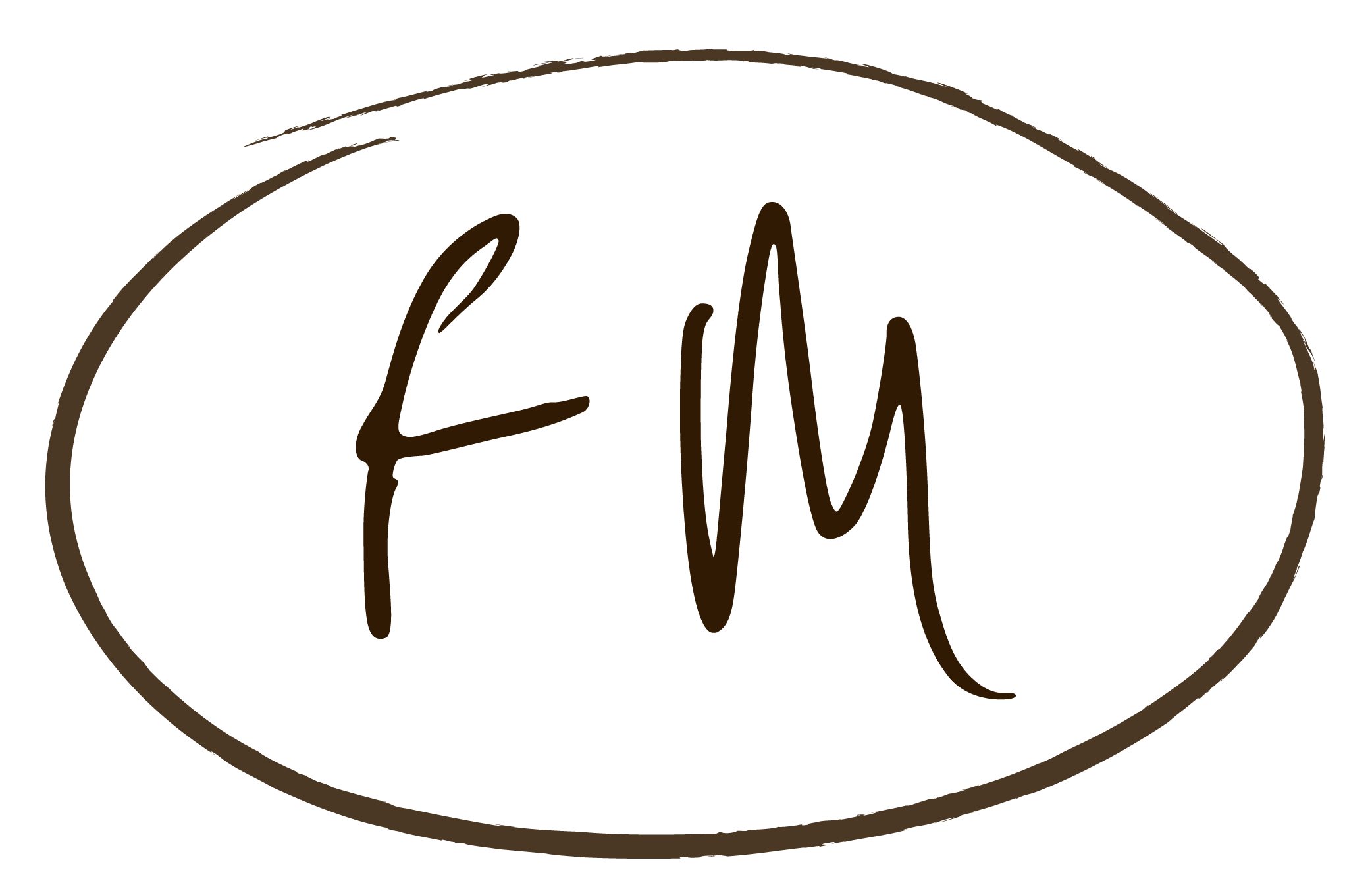 A black oval with the word "FM" written in brown handwritten text inside it.