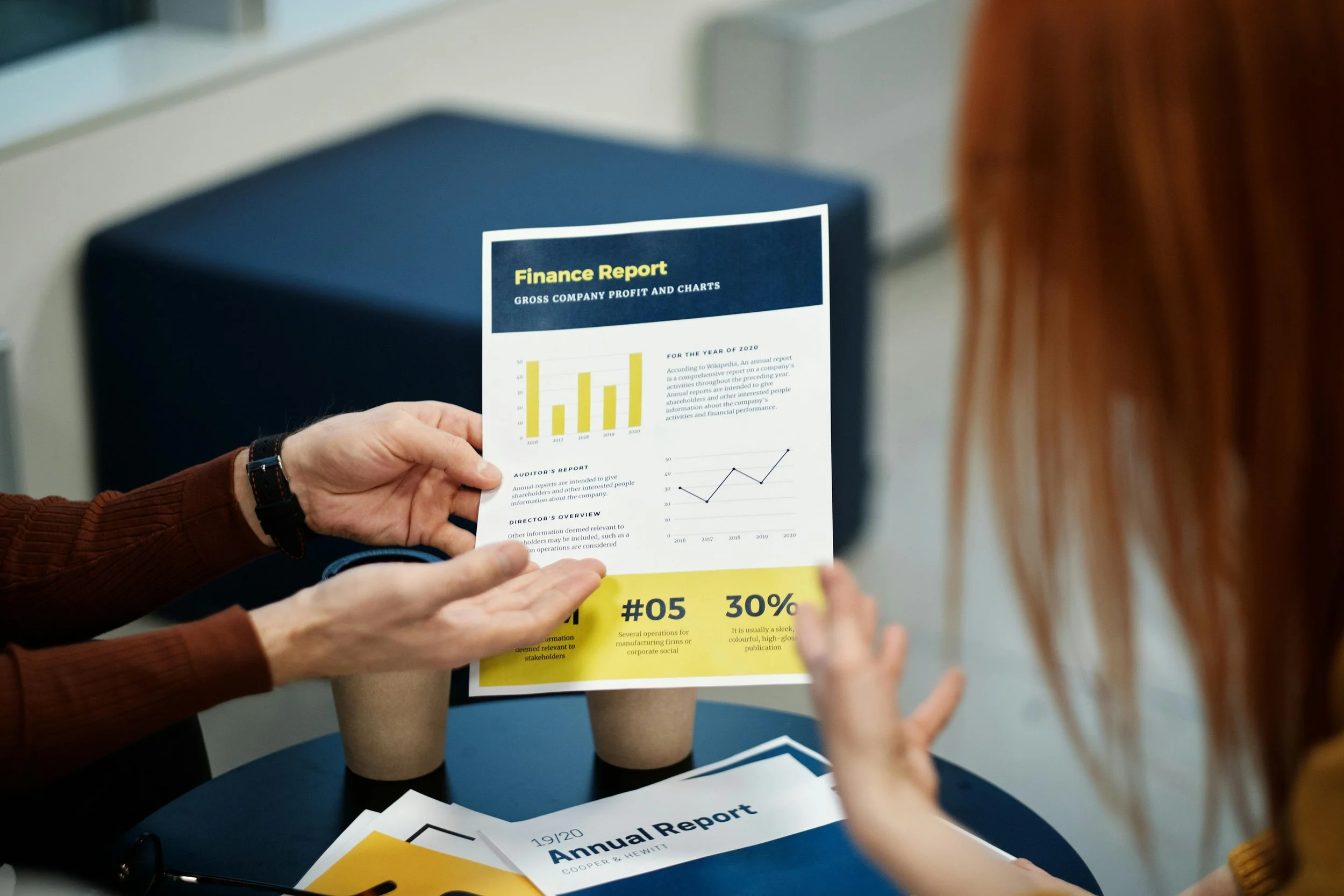 A person is showing a finance report to a woman. The report has graphs and text including the title "Finance Report" and the subtitle "Gross Company Profit and Charts." The report is placed on cups and a table, with some documents and glasses nearby.