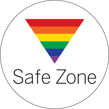 A logo with a downward-pointing triangle featuring rainbow stripes and the text 'Safe Zone' underneath.