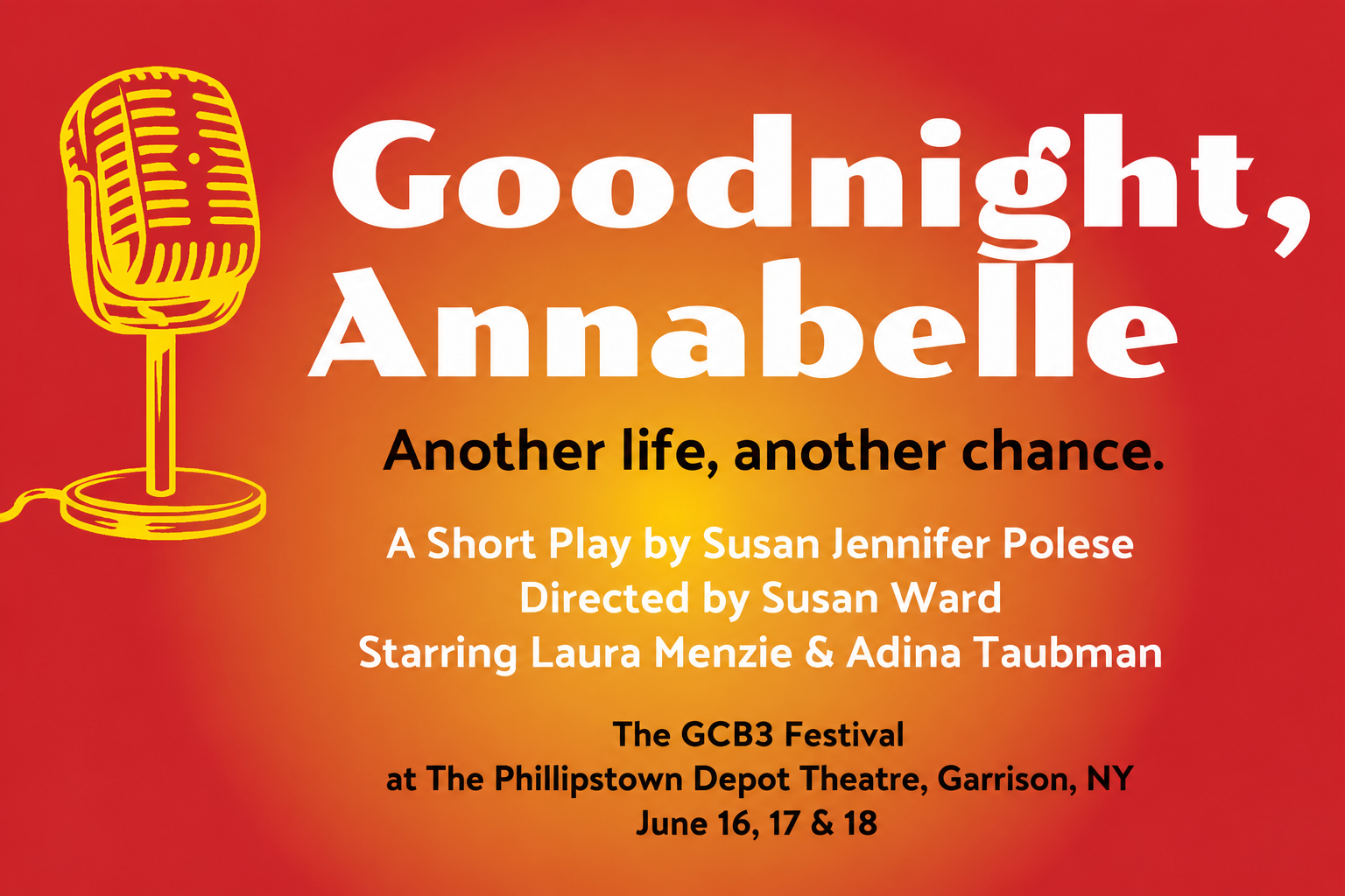 Poster for a play titled 'Goodnight, Annabelle' with a yellow microphone illustration on a red and orange gradient background. The poster includes details about the play's writer, director, stars, and festival dates and location.
