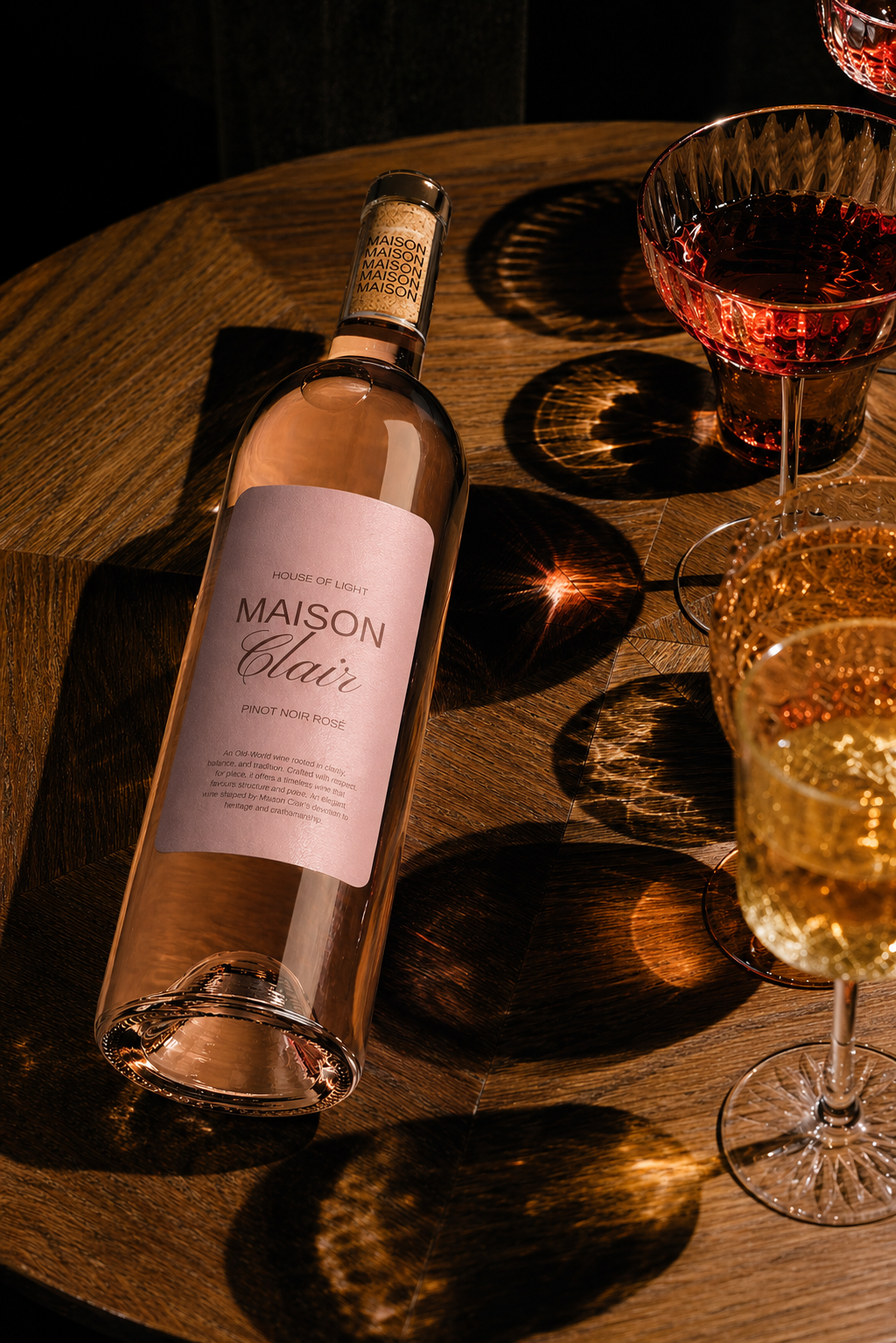 A wine bottle labeled 'Maison Clair' with a pink label, lying on a wooden table next to three glasses of wine, one red and two white, with colorful reflections and shadows cast on the table.