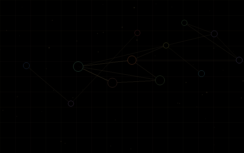 A network graph with colored circles connected by lines, set against a black background with a faint star pattern.