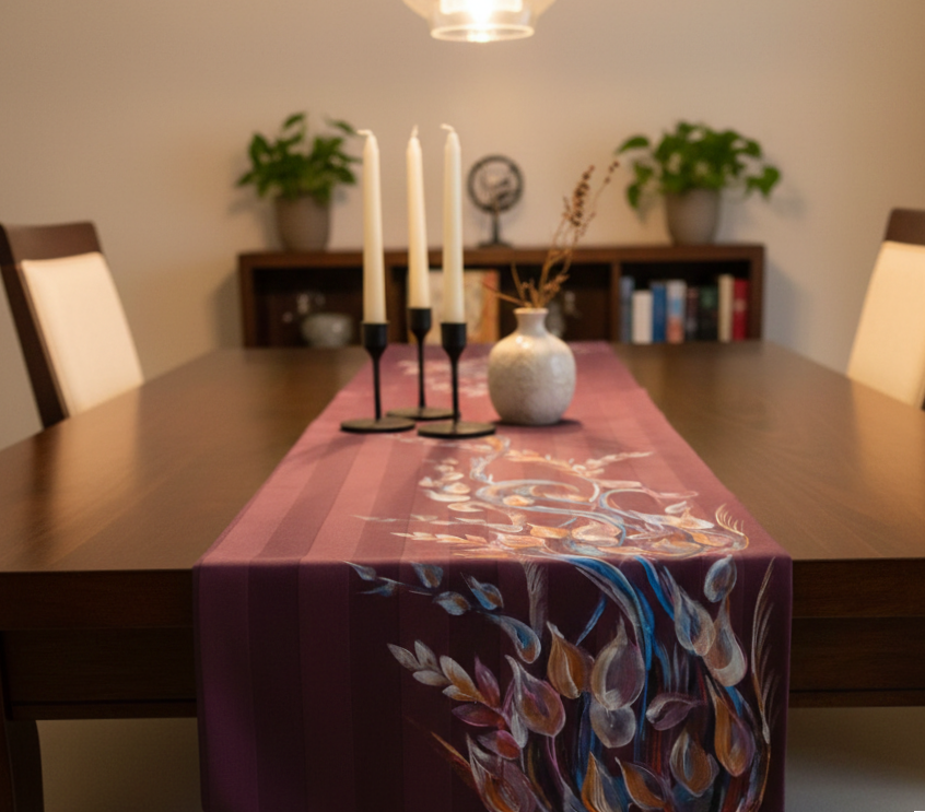 Dining room table with a plum floral table runner, three white candles in black candle holders, a white vase with dried branches, and a bookshelf with plants and books in the background.