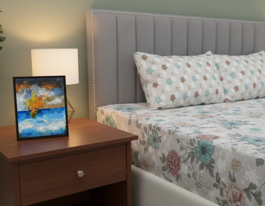 A bedroom with a gray upholstered headboard, floral bedding, and matching pillows. A wooden nightstand with a lamp and a framed painting of a boat on water is next to the bed.