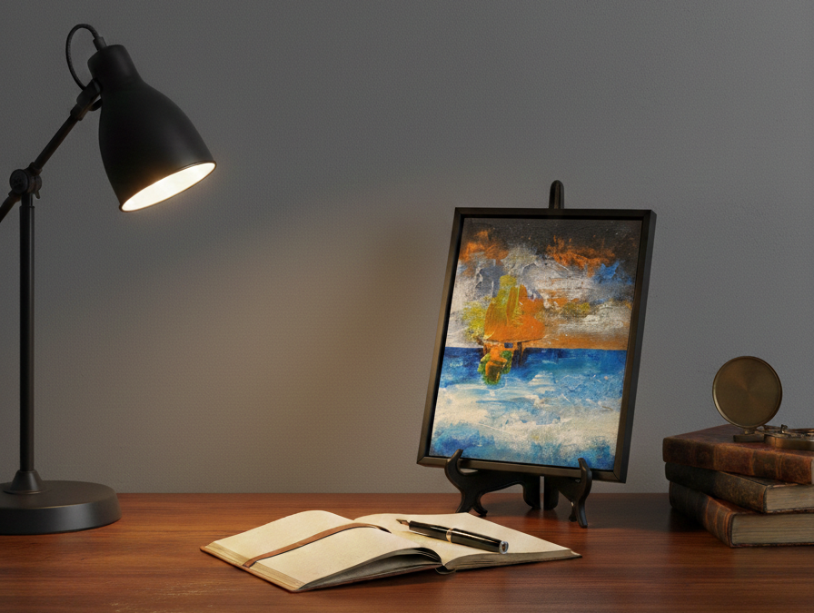 A desk with an open notebook, a pen, a framed painting of a boat, a stack of books, and a brass pocket watch, illuminated by a black desk lamp.