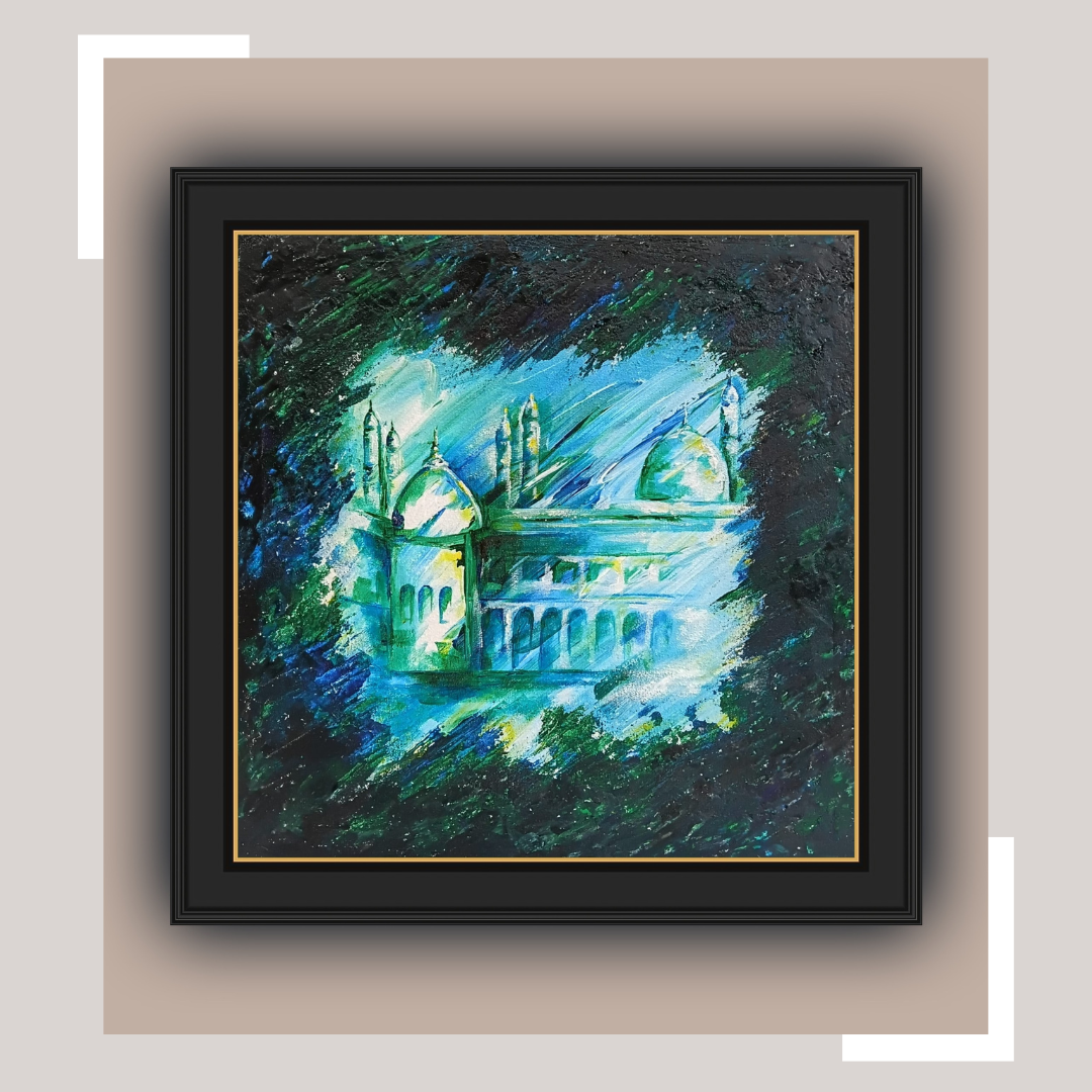 Abstract painting of a blue and green mosque with domes and minarets, surrounded by dark and vibrant brushstrokes.