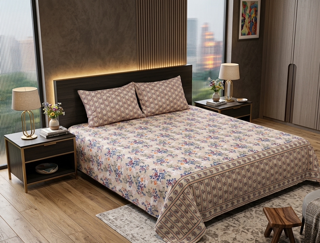 A bedroom with a bed that has a floral bedspread and two matching pillows. There are two nightstands with lamps and flower vases. The room has large windows, a framed colorful artwork on the wall, a wooden wardrobe, and a small wooden stool.
