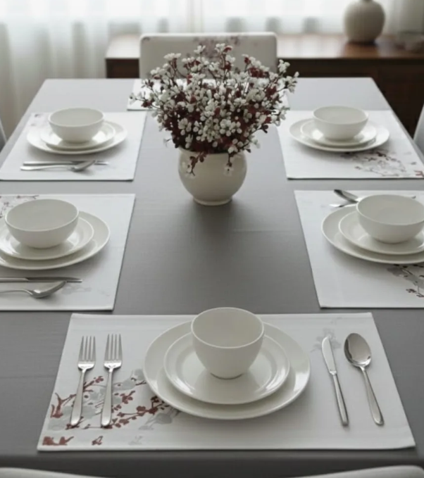 Dining table set with six white placemats, including bowls and plates, silverware, and a floral centerpiece with white and red flowers in a white vase, in a well-lit room.