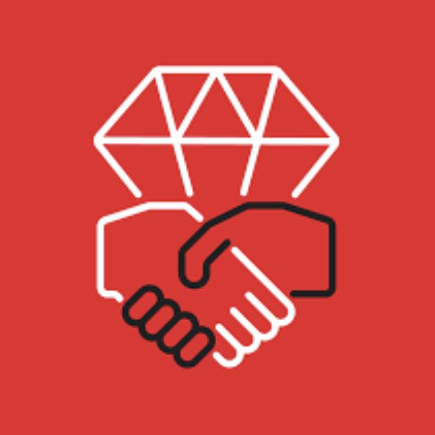 Logo for Dayton DSA featuring an Illustration of a handshake with a diamond above it on a red background.