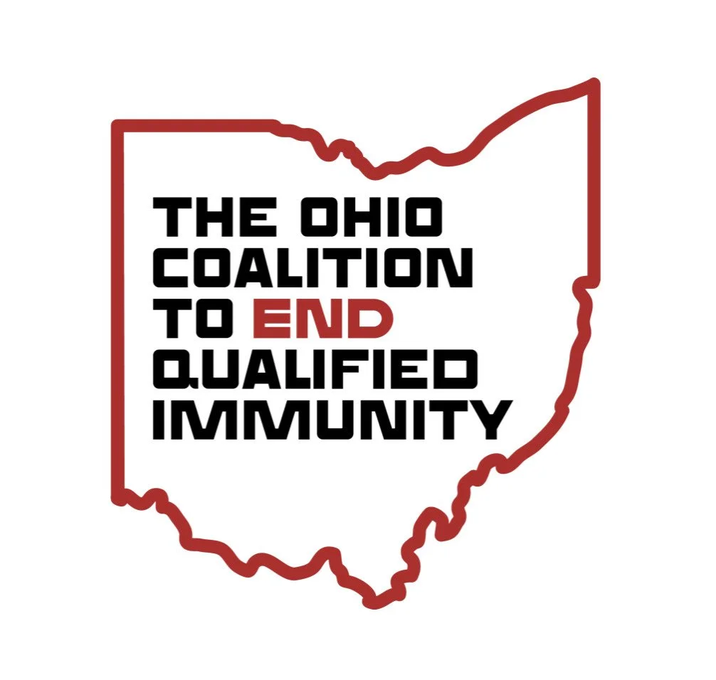 Map outline of Ohio with text overlay that says 'The Ohio Coalition to End Qualified Immunity,' with 'END' highlighted in red.
