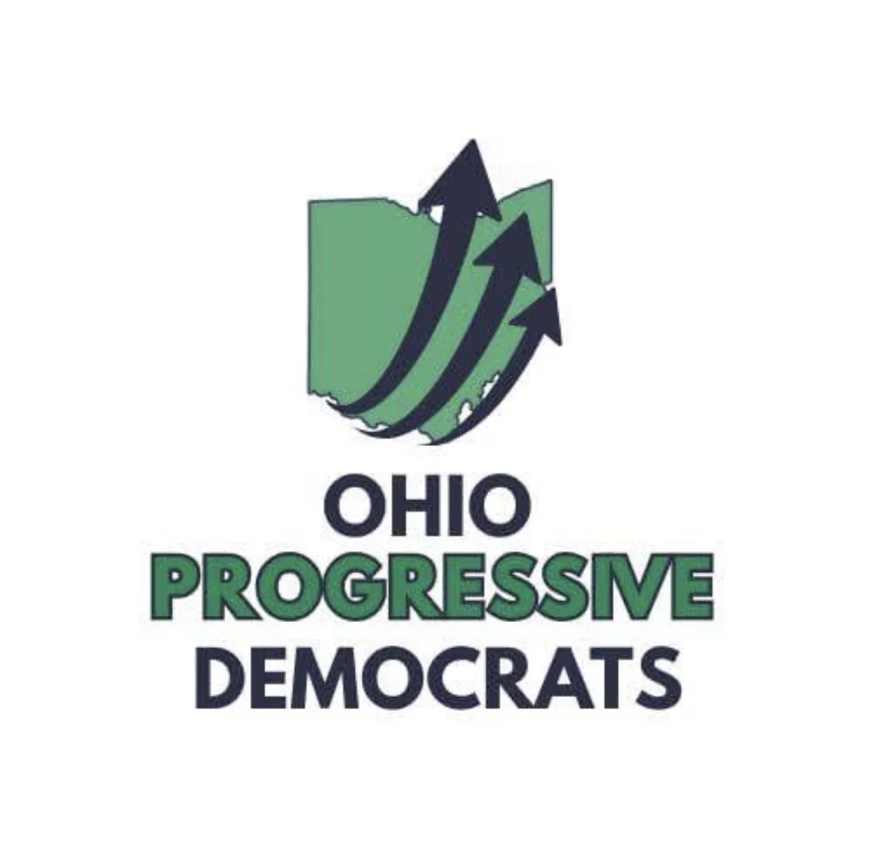 Logo for Ohio Progressive Democrats featuring a green shield with three upward-pointing arrows and the text 'Ohio Progressive Democrats' in bold green and black.