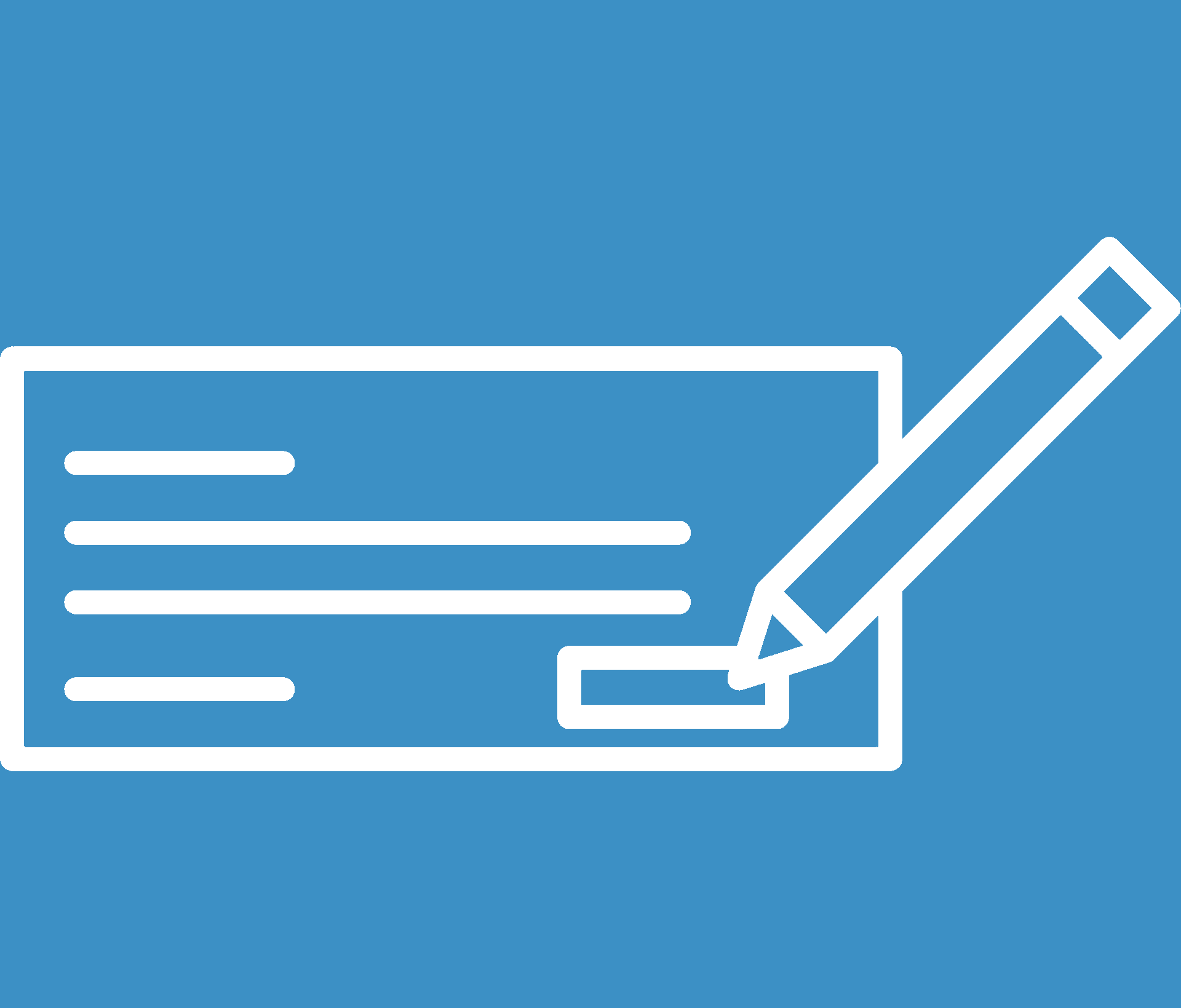 A digital illustration of a pen writing on a piece of paper filling out a cheque for payment. 