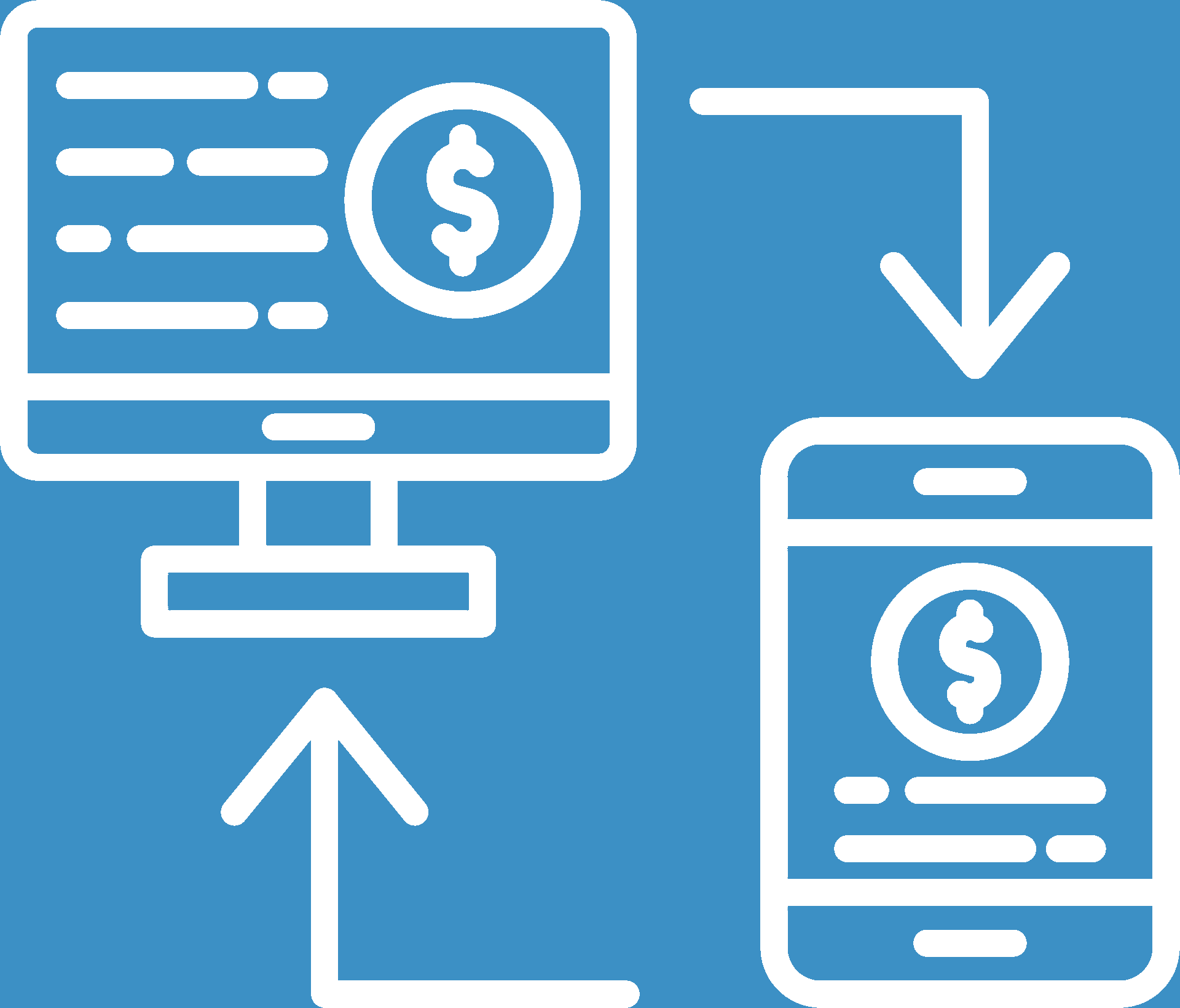 Blue infographic icon of a presentation board with a dollar sign, an arrow pointing down, a computer monitor, and a dollar coin facilitating a e-transfer for payment.