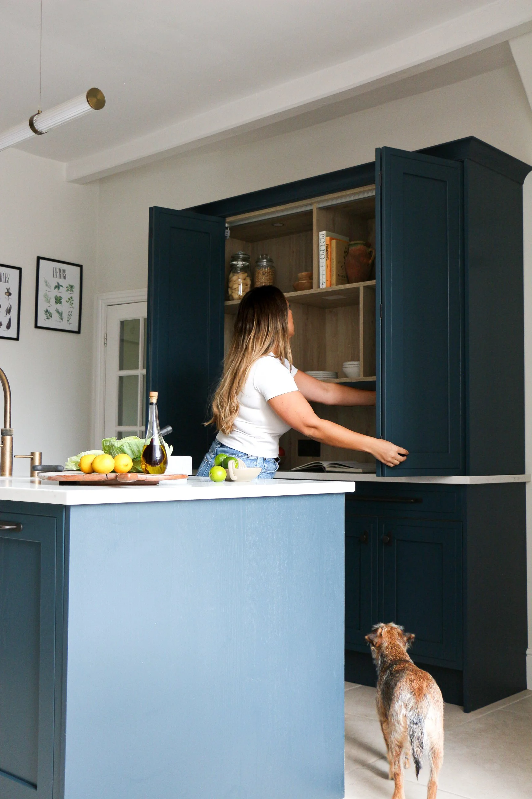 A woman in a kitchen shelves a plate into a dark blue cabinet. A dog with a brown and black coat waits at the bottom of the cabinet. The kitchen island is painted dark blue, and on the countertop are lemons, lettuce, a bottle of vinegar or oil, and a lime.