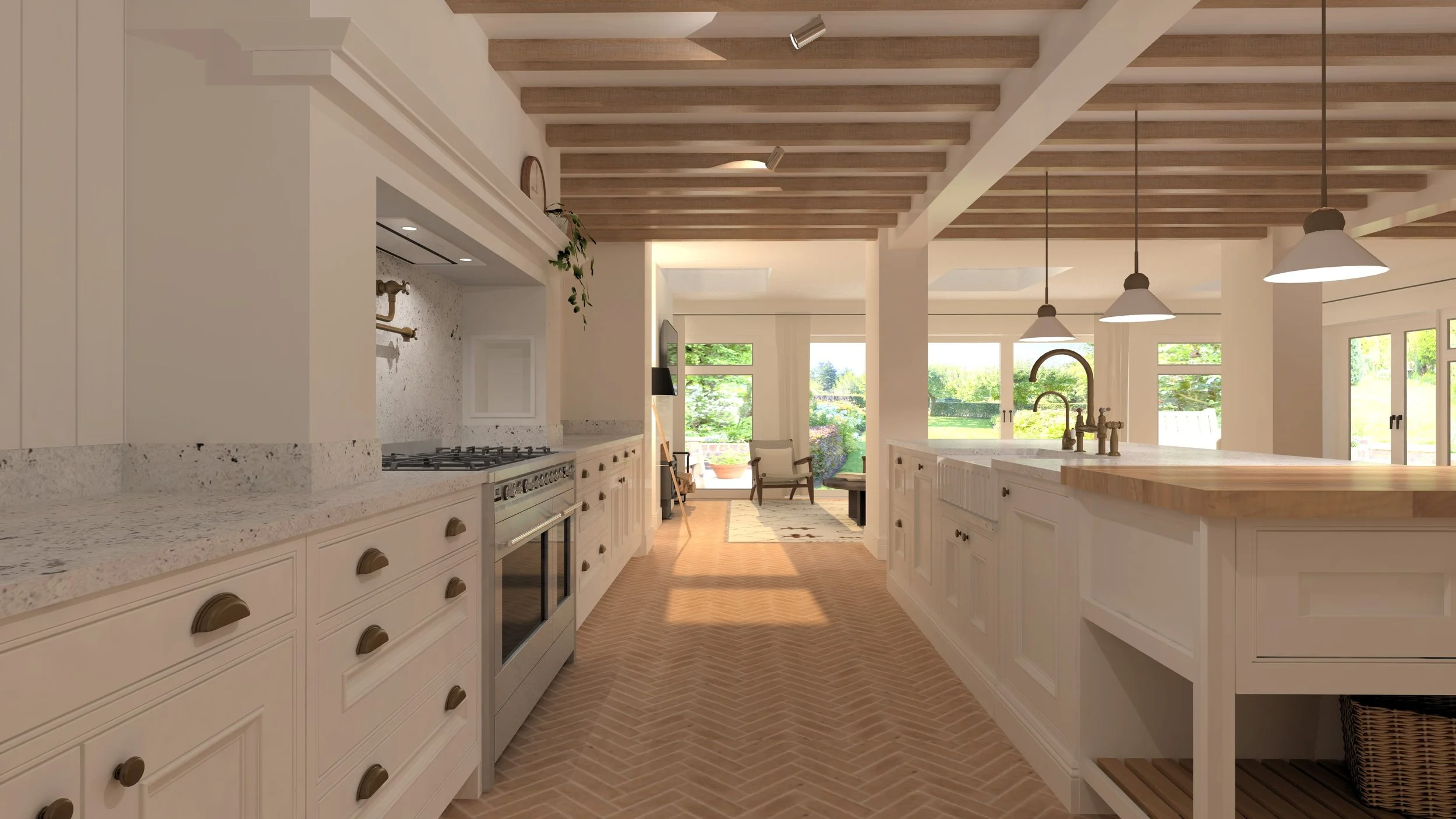 Bright, airy kitchen with white cabinets, a large window overlooking a green yard, and wooden ceiling beams. Includes a spacious island with a sink, pendant lighting, and a view into a living area.