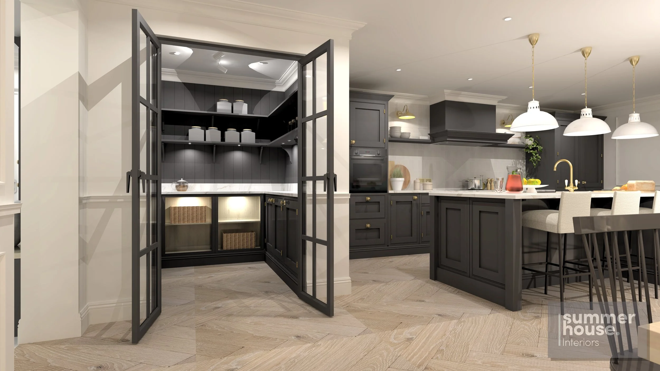 Modern kitchen with black cabinets, white countertops, and a central island with beige barstools. Open shelving with white jars, pendant lights, and a mix of decor and cooking items. Wooden flooring.
