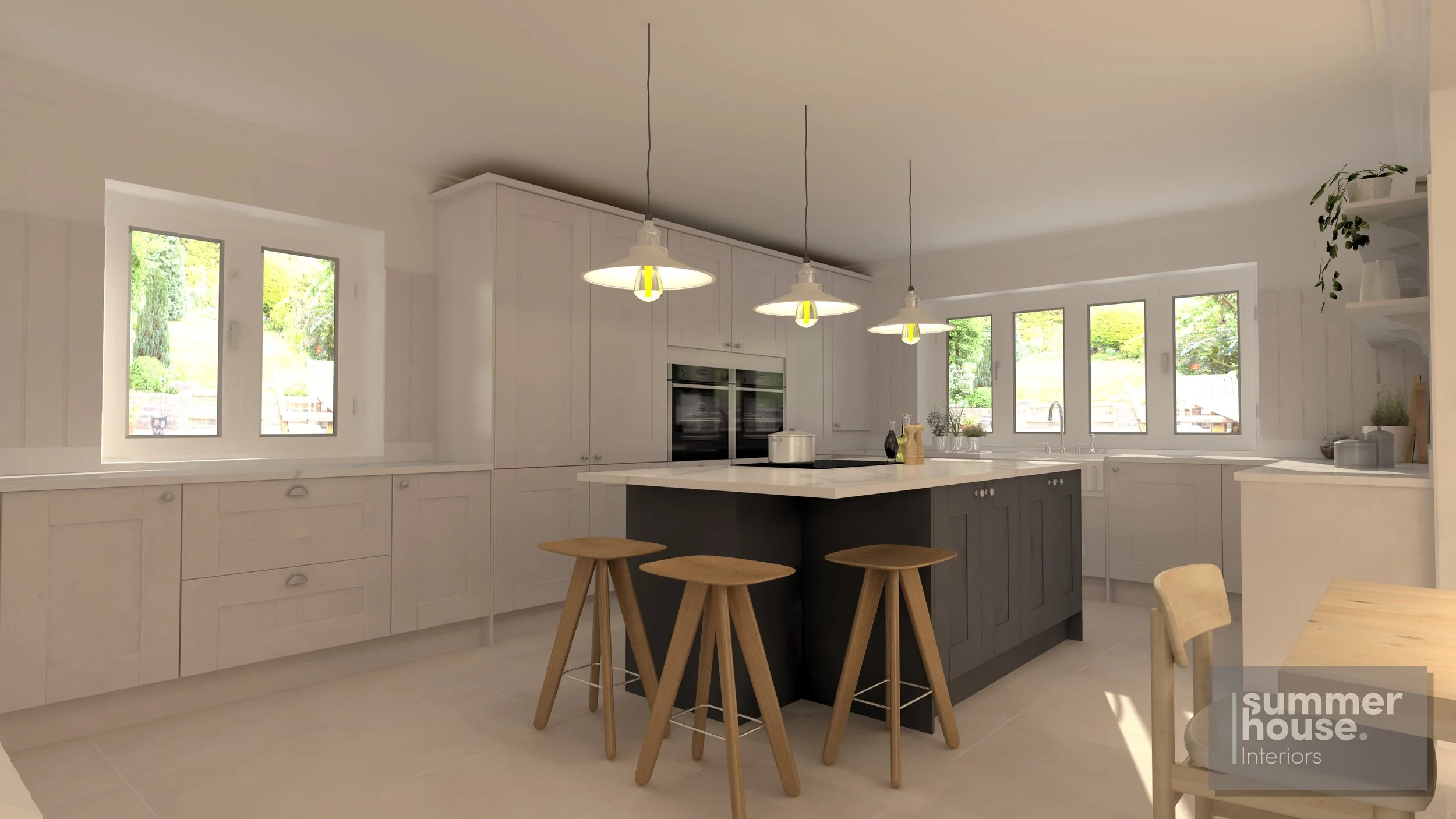 Modern kitchen with white cabinets, black island with stools, pendant lighting, and large windows showing greenery outside.