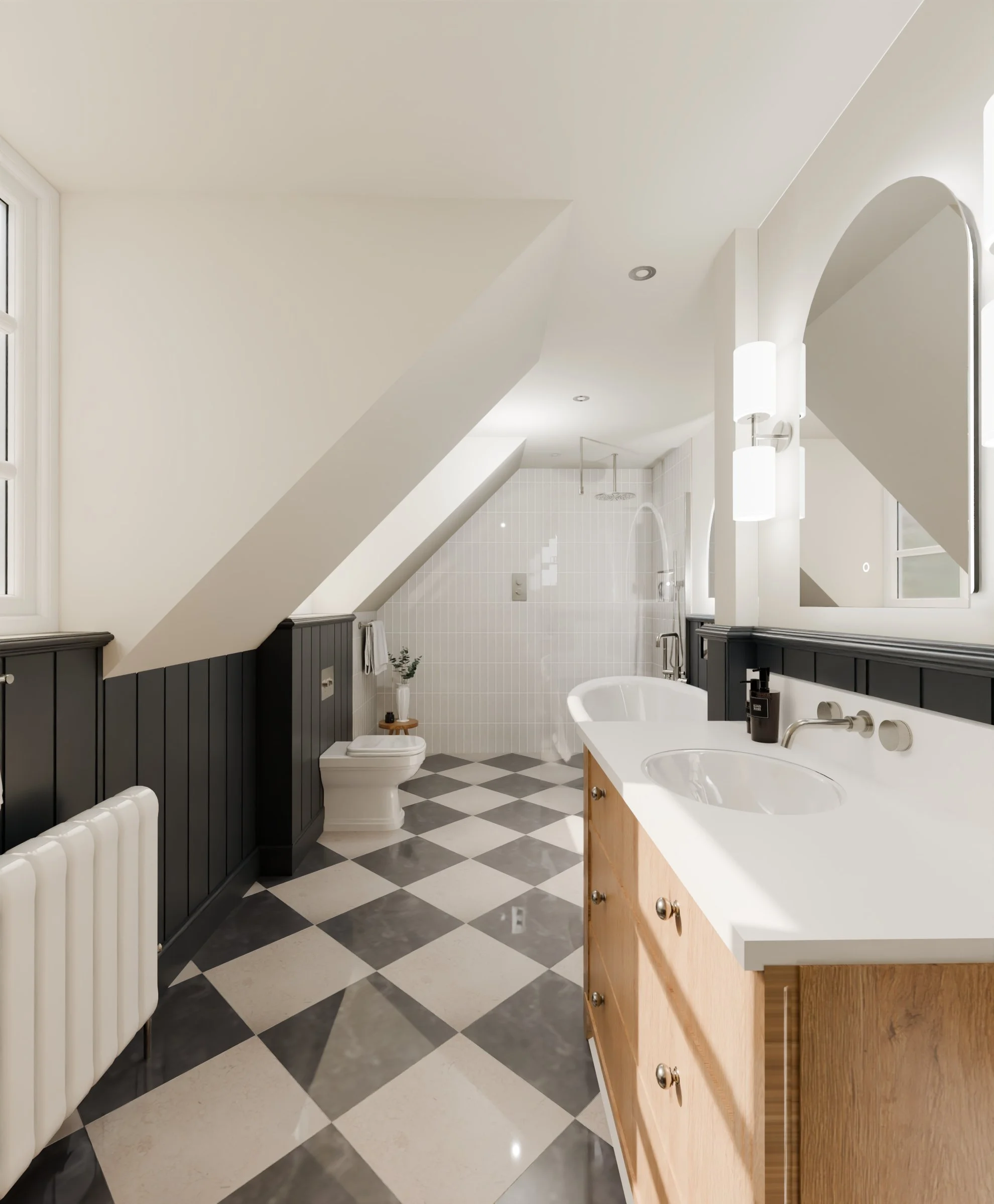 Modern bathroom with sloped ceiling, black and white checkered floor, white walls, bathtub, white toilet, black and white vanity, large mirror, wall-mounted lighting, and small decorative plant.