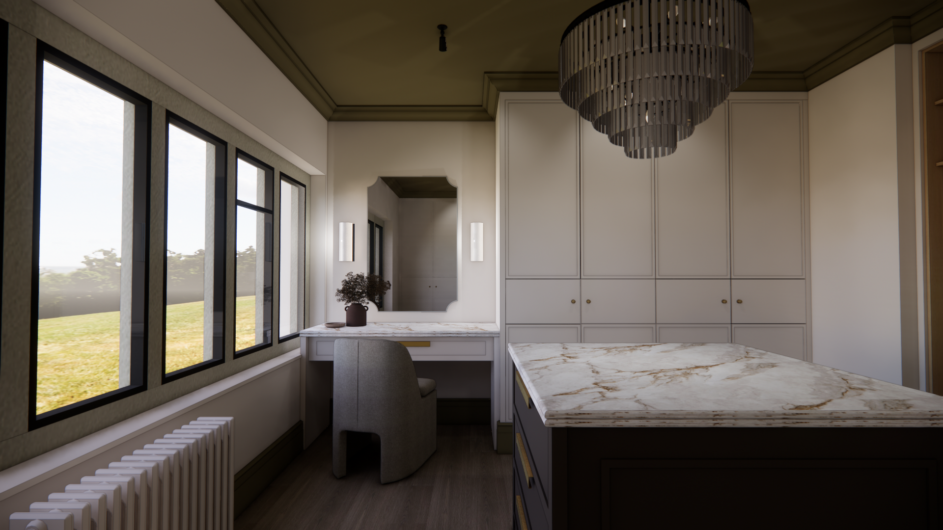 Interior of a room with a window, a marble-topped desk, a mirror, a vase with dried flowers, a gray upholstered chair, built-in cabinets, and a modern chandelier.