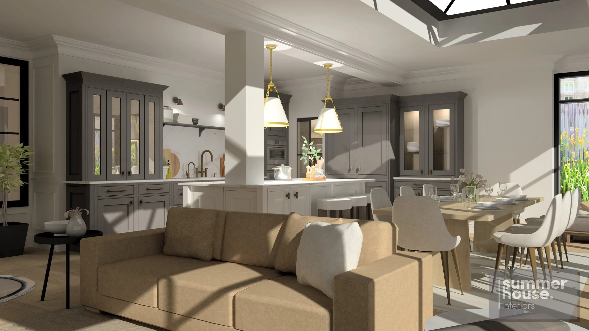 Open-concept kitchen and dining area with gray cabinets, white countertops, pendant lights, and a large window with a garden view.