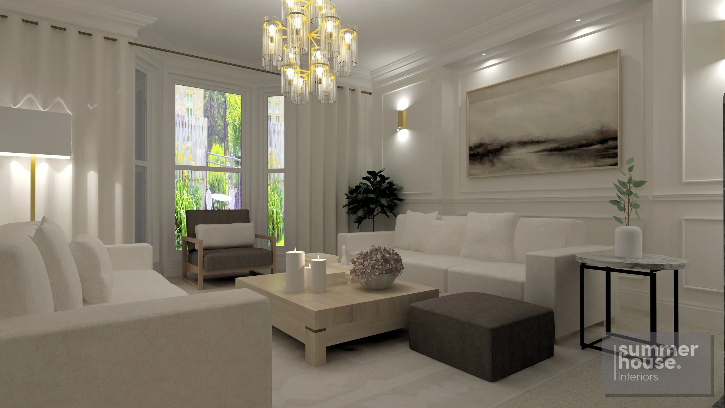 A modern living room with white walls, a white sofa, a wooden coffee table with candles and a vase of flowers, a dark armchair, and a large painting on the wall. There are large windows showing a garden outside, a chandelier hanging from the ceiling, and contemporary lighting fixtures.
