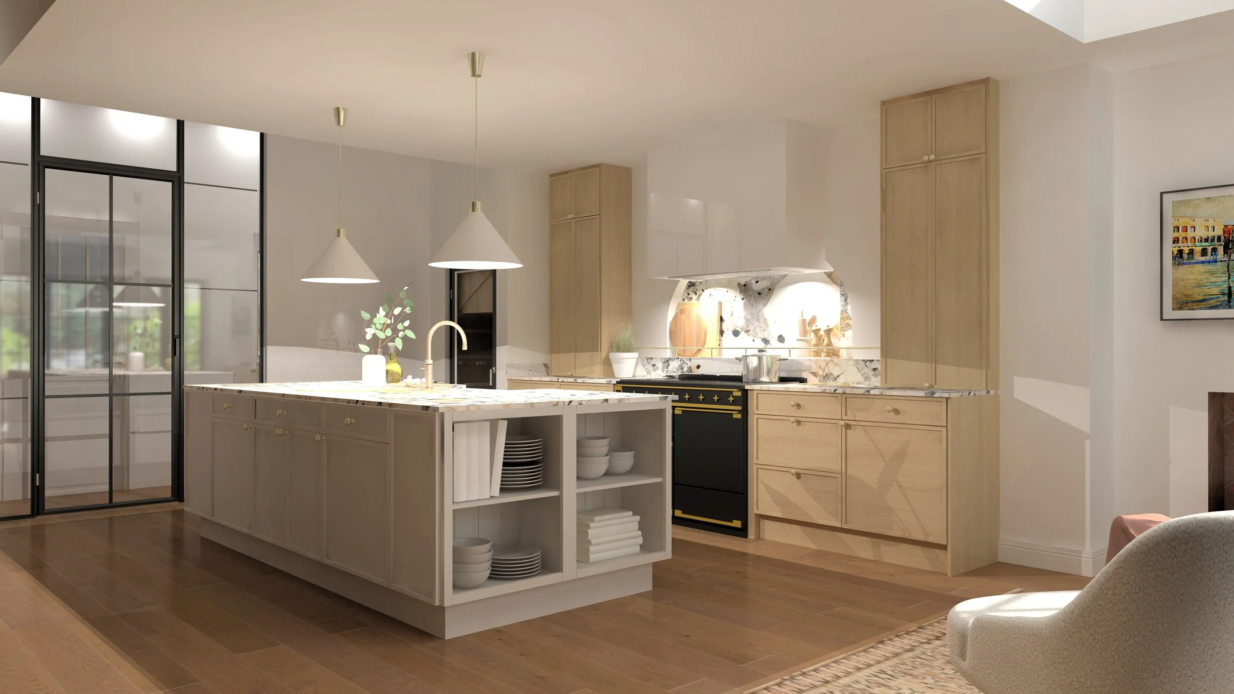 Modern kitchen with white island, wooden cabinets, black stove, pendant lights, and artwork on the wall.