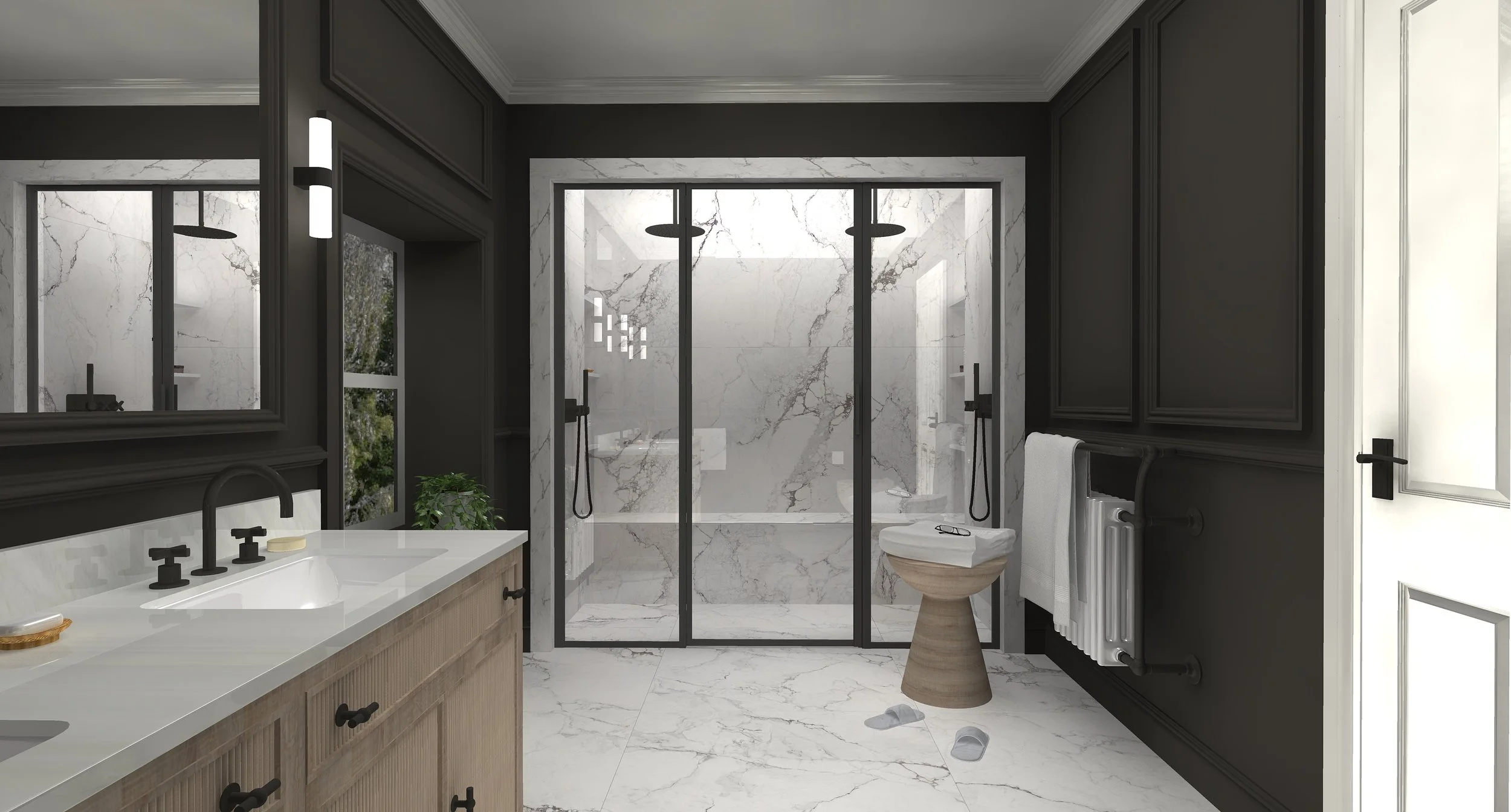 Modern bathroom with marble walls and black accents, including a shower area, vanity with black fixtures, and a toilet