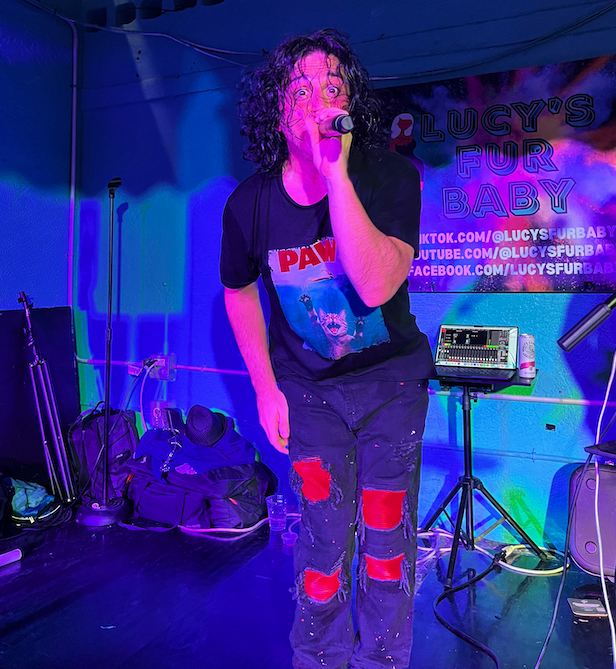 Person with curly hair singing into a microphone on stage at a live music event, wearing a black t-shirt with a graphic and ripped jeans, with a banner that reads 'LUCY'S FUR BABY' in the background.