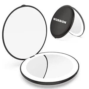 A WOBSON branded compact mirror with a black oval case, shown open with the mirror inside.