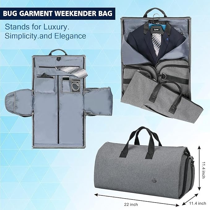 Image showing a set of travel bags and a garment folder, labeled 'Bug Garment Weekender Bag,' with dimensions of 22 inches long, 11.4 inches high, and 11.4 inches wide. The bags are gray with black straps, and the garment folder features a suit and dress shirt.