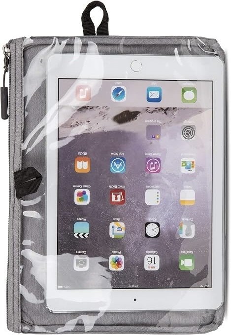 A tablet inside a clear plastic case with a zipper, hanging on a black strap.