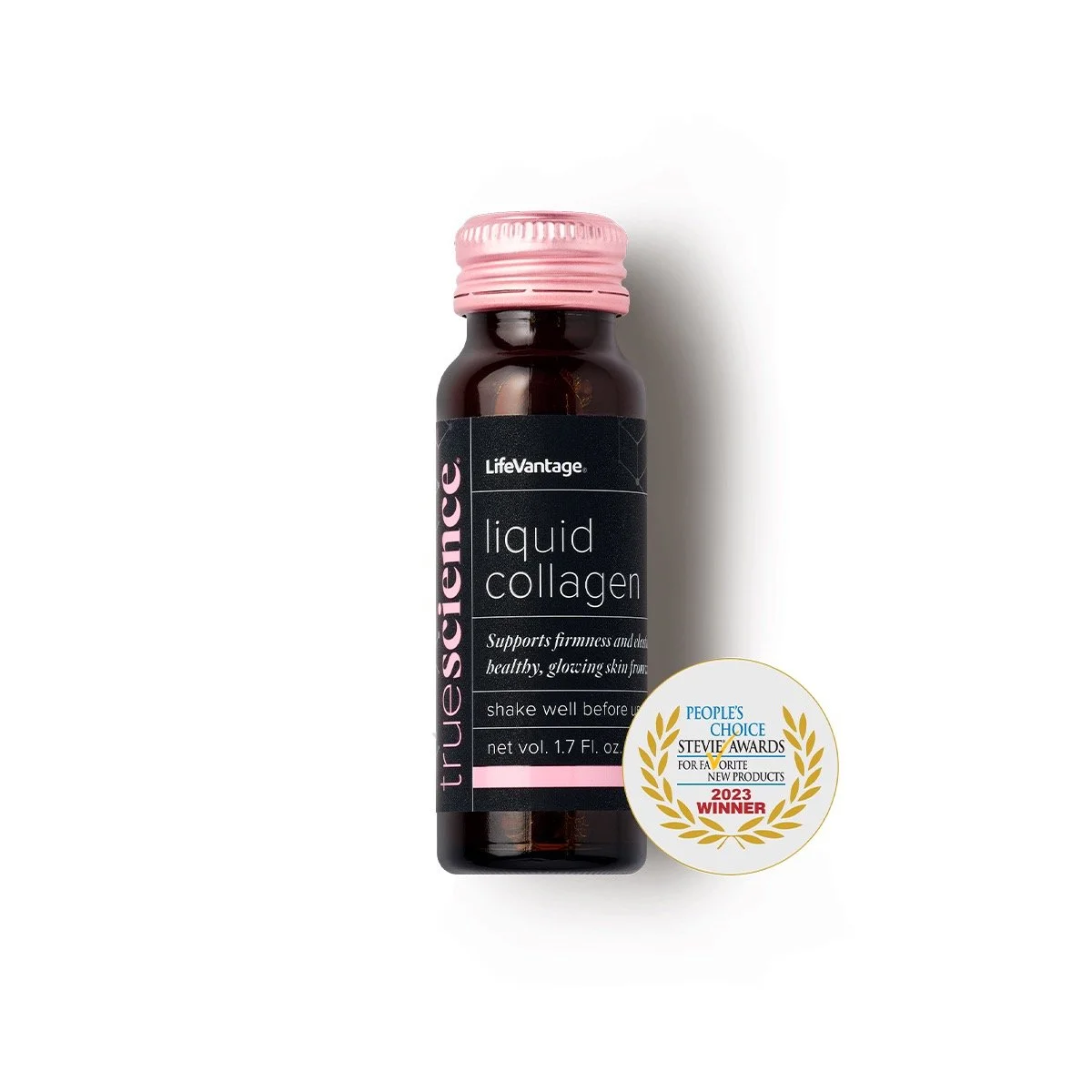 Bottle of liquid collagen with a pink cap and a label indicating it is from LifeVantage, with an award badge for People’s Choice Stevie Awards 2023.