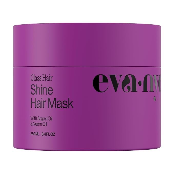 Purple container of Eva NYC Glass Hair Shine Hair Mask with argan oil and neem oil, 250ml