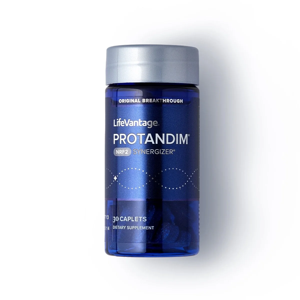A blue bottle of LifeVantage Protandim dietary supplement with a silver cap, labeled as containing 30 caplets.